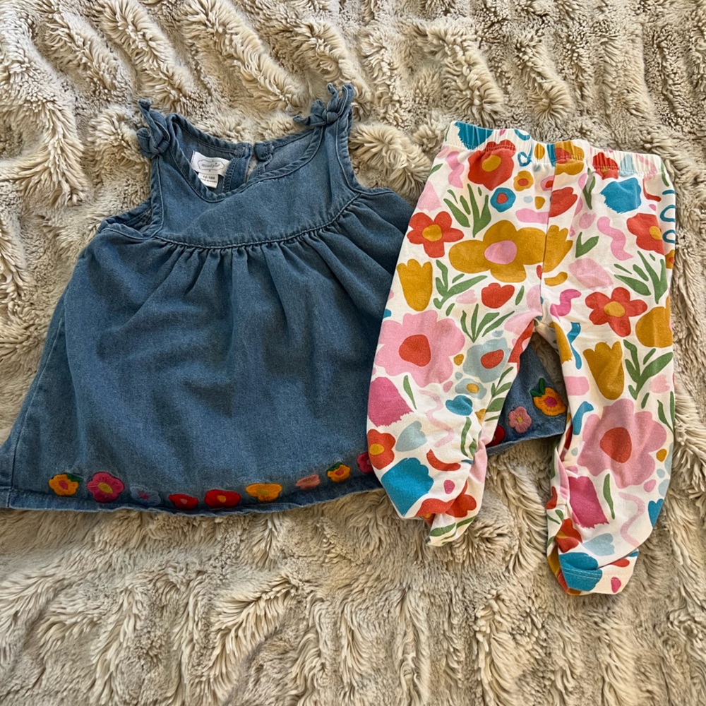 Mud Pie Blue Denim Baby Tunic Tank and Colorful Leggings 12-18m